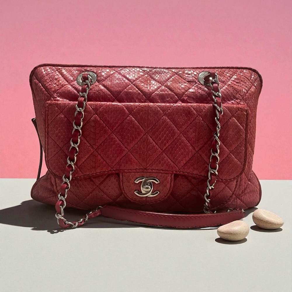 Chanel Python Leather Shoulder Bag Fuscia Silver … - image 1